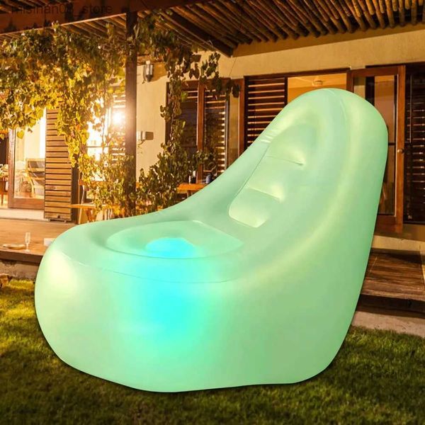 LED illuminated indoor/outdoor air-filled furniture including large brown chairs, sofas and lazy couches without pumps