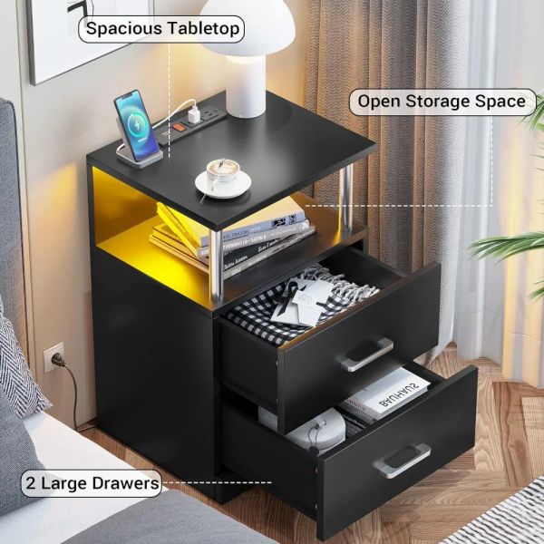 LED nightstand  

Two-piece bedside table set  

Bedside storage furniture with open shelves and dual drawers