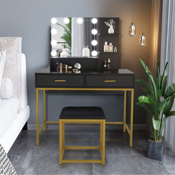 Living Room Furniture Large Vanity Set with 10 LED Bulbs, Makeup Table, Cushioned Stool, 3 Storage Shelves, and 2 Dressing Table Dresser Desks for Women
