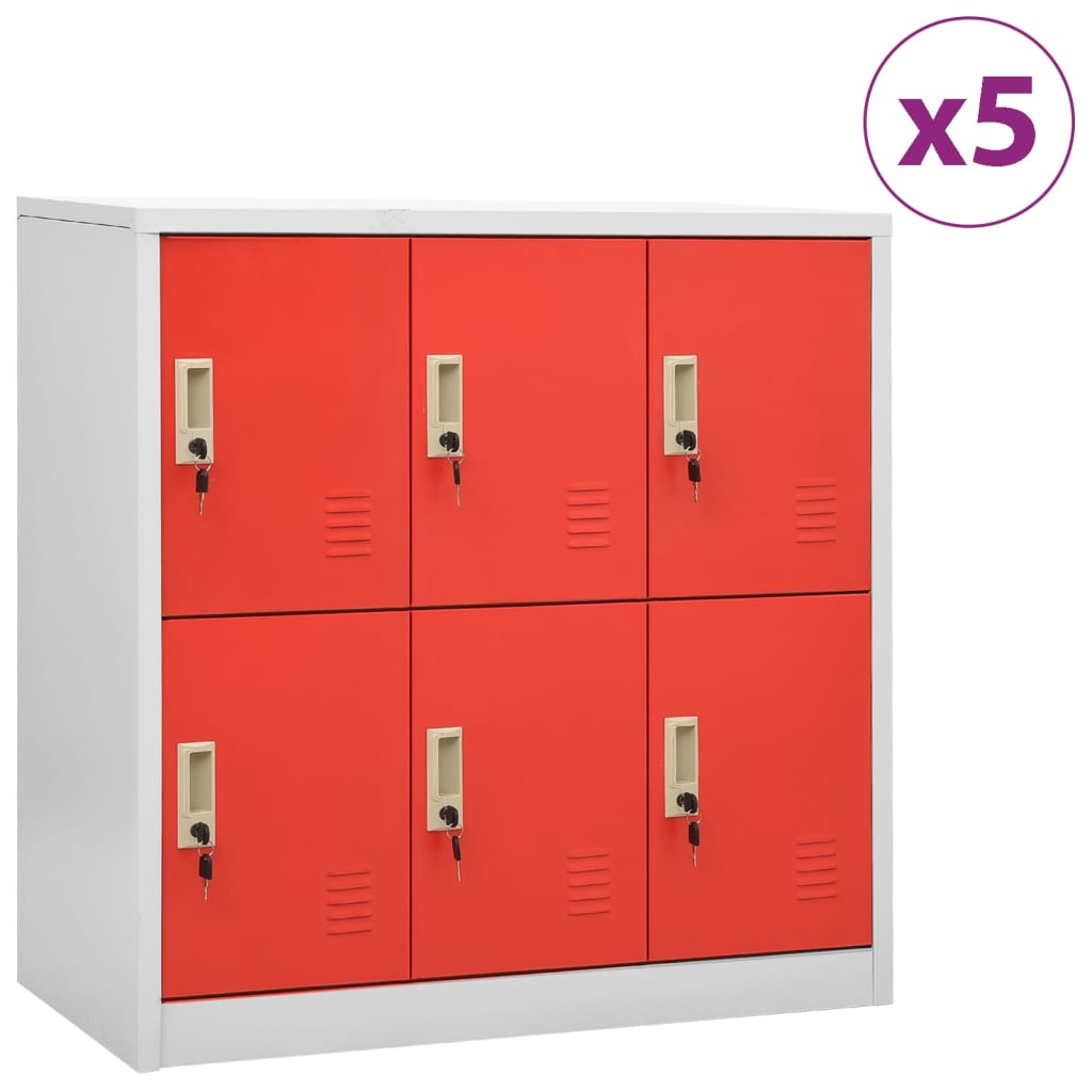 Locker Cabinet Set of 5 Light grey and red Steel Medium