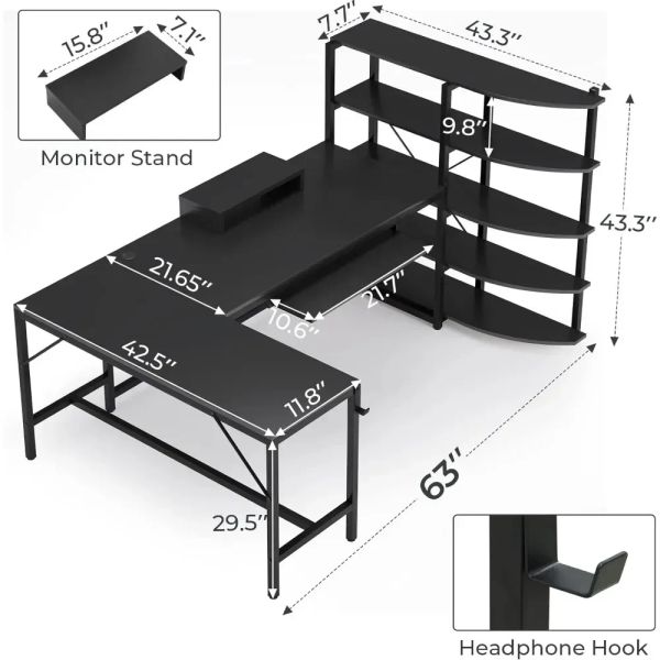 L-shaped computer desk with storage shelves, keyboard tray, monitor stand, and headphone hook, ideal for gaming in corners