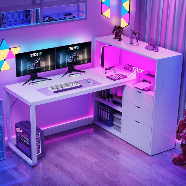 L-shaped corner desk with drawers, power outlets, LED lighting, and storage shelves in white