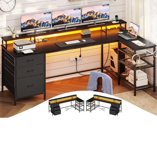 L-shaped gaming desk with 3 drawers, reversible power outlets, LED strip, storage shelves, monitor stand, and mouse pad