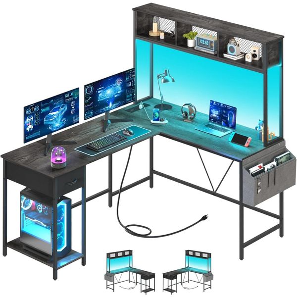 L-shaped gaming LED strip with power outlet, reversible computer desk featuring storage shelf and drawer