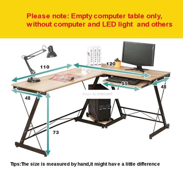 L-shaped wooden office desk with steel frame, ideal for computers, gaming, and study