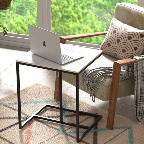 LUVODI contemporary C-shaped sofa side table featuring white marble top and black metal frame, ideal for living room or bedroom decor