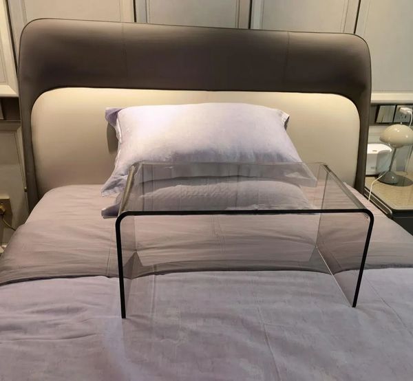 Luxurious C-shaped transparent acrylic side table for sofa, bed, or balcony, with simple red net storage, 12mm thick