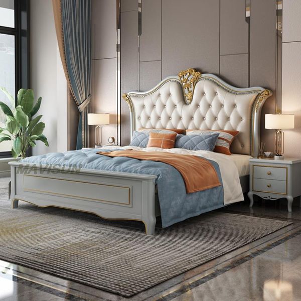 Luxurious golden solid wood bed frame, modern high-end design for small apartments and hotel bedrooms