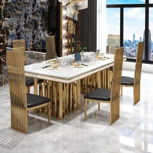 Luxurious white marble dining set with chairs, rectangular Italian-style kitchen table, large modern minimalist furniture