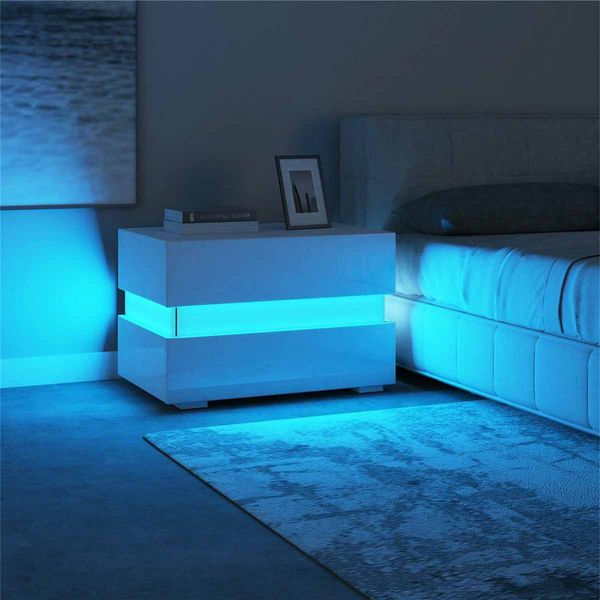 Luxury LED modern nightstand with 2 drawers, storage cabinet, and 20 color options for bedroom furniture