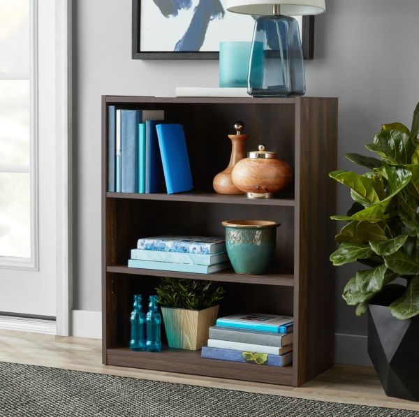 Mainstays 3-shelf adjustable bookcase in espresso finish, perfect for organizing books or as a kids' library shelf