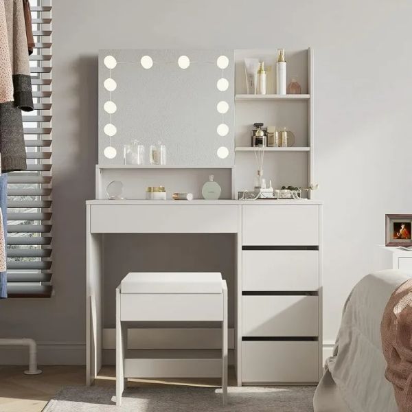 Makeup Vanity with Lights,WithVanity Desk with Chair, 5 Drawers Makeup Table with Lighted Mirror

Illuminated makeup vanity featuring a desk, chair, and 5-drawer table with lighted mirror