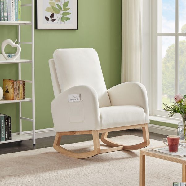 Mid-century modern upholstered rocking chair with tall back, glider design in beige, delivered to your home