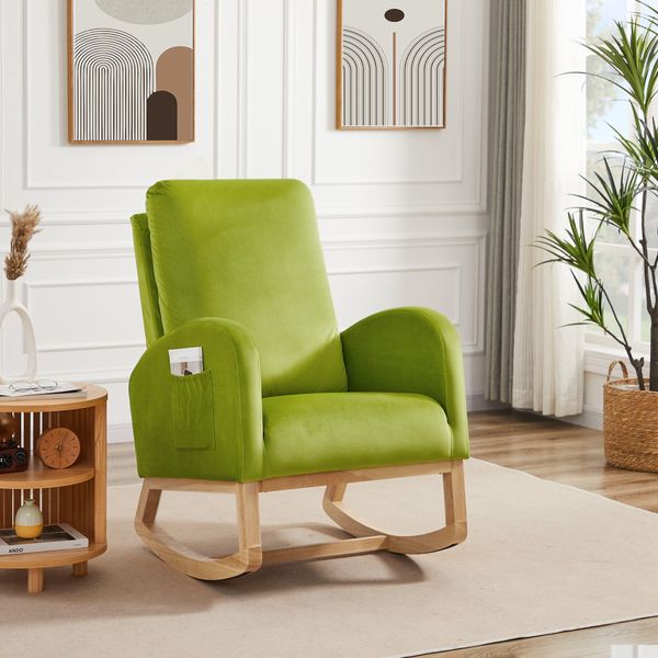 Mid-century modern upholstered rocking chair with tall back, green accent glider for home delivery