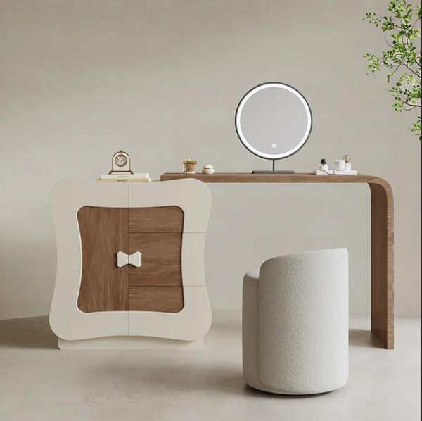 Middle-aged cream-colored solid wood dressing table, compact makeup unit with retro walnut design for bedroom