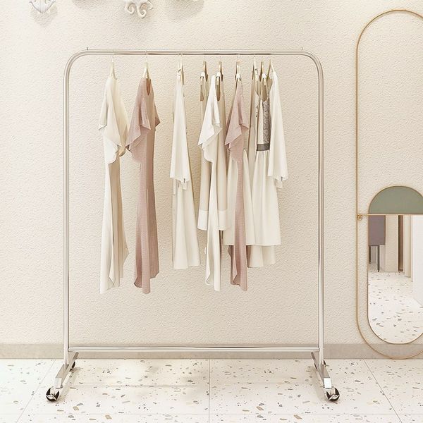 Mobile silver stainless steel wheeled clothing rack for bedroom or shop display