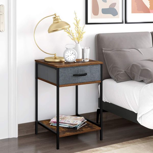 Modern 2-tier nightstand featuring a fabric drawer and open shelf for bedroom storage and organization