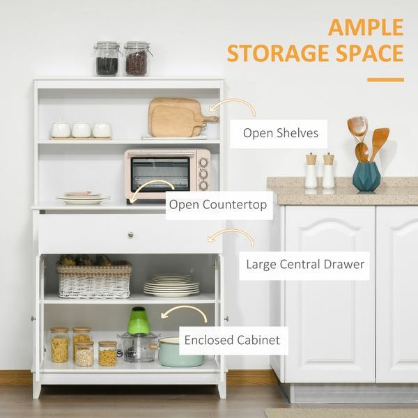 Modern 58-inch white kitchen buffet with hutch, featuring a microwave cabinet, drawer, and storage cupboard for dining room