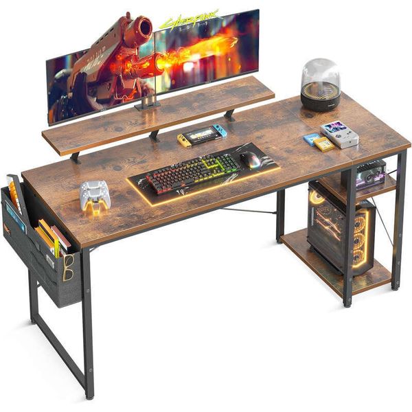 Modern 63-inch home office desk with a monitor stand and reversible two-tier storage shelves, ideal for laptop workstations