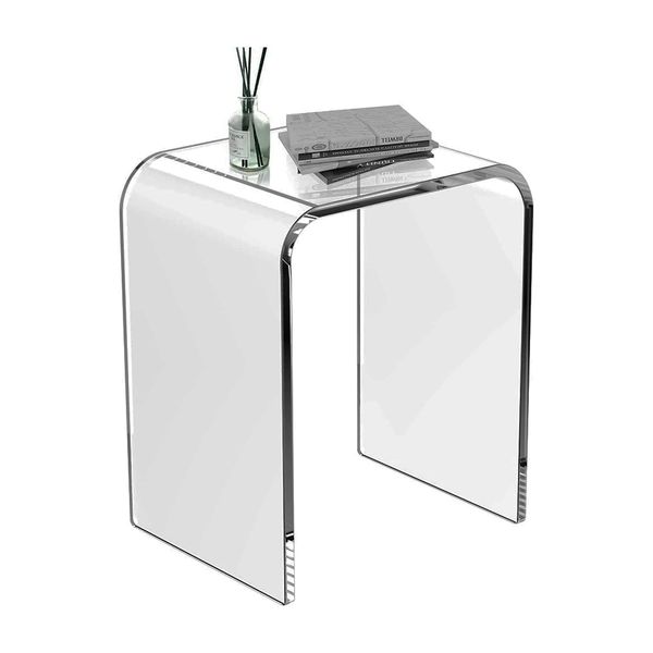 Modern acrylic end table featuring sleek lucite design and waterfall edges, perfect as a contemporary square nightstand or stool for bedroom and living room spaces