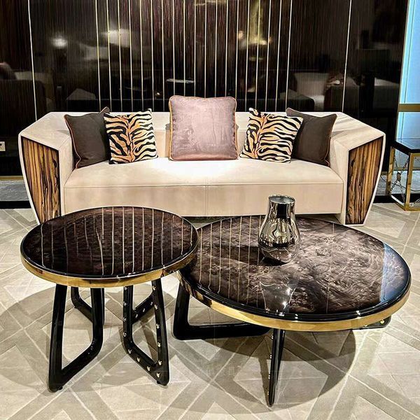 Modern black marble coffee table with wooden base in contemporary style