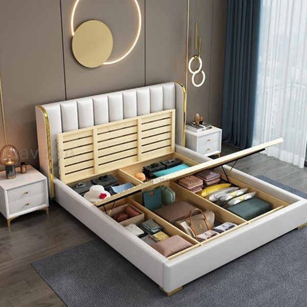 Modern, compact king bedroom furniture set in various colors with solid wood and high-resilience sponge, ideal for kids' double beds