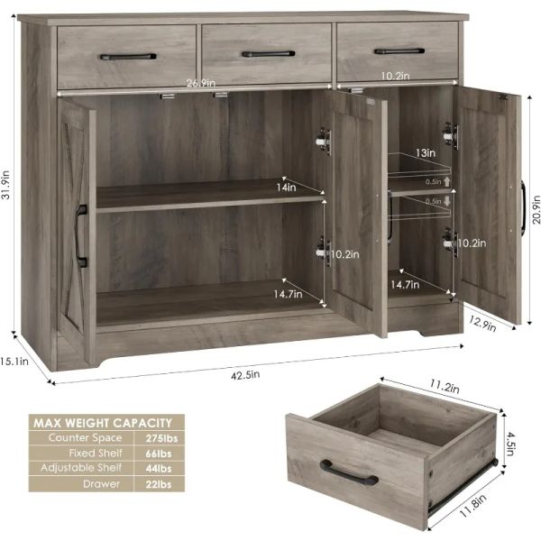 Modern Farmhouse Buffet Sideboard with Barn Doors, Featuring Drawers and Shelves for Coffee Bar Storage