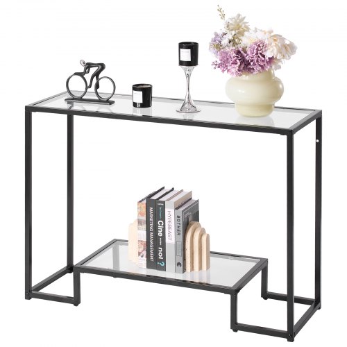 Modern golden two-tier console table with tempered glass top and sturdy iron legs, featuring an anti-tip safety design for sofas and living rooms