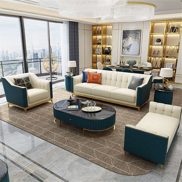 Modern gold-tone wooden sectional sofa with green leather upholstery for living rooms or hotel lobbies
