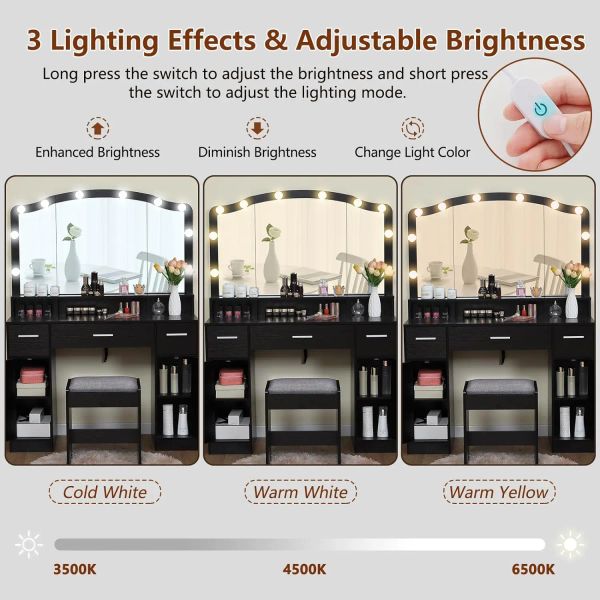 Modern makeup vanity set featuring a large lighted mirror, 3 drawers, 2 cabinets, and 10 LED lights