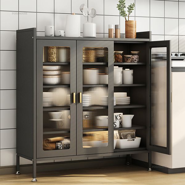 Modern metal kitchen cabinets for home use, featuring dust-proof doors and versatile storage for small appliances