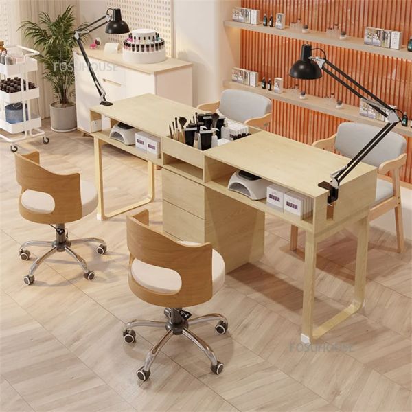 Modern minimalist Japanese-style manicure table and chair set with single and double nail desks in elegant professional design