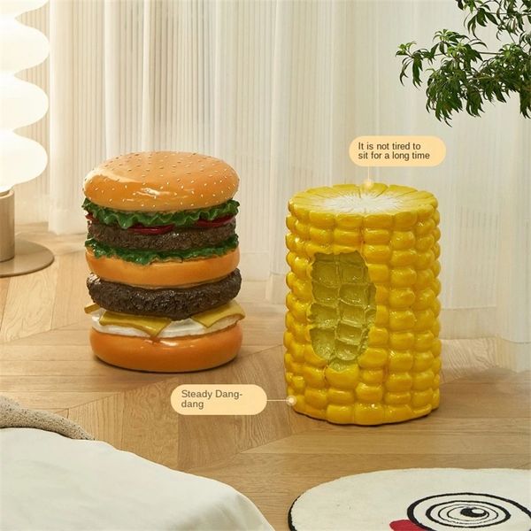 Modern minimalist resin stools for creative shoe changing, burger corn-inspired designs, ideal as living room ornaments or home furniture decoration