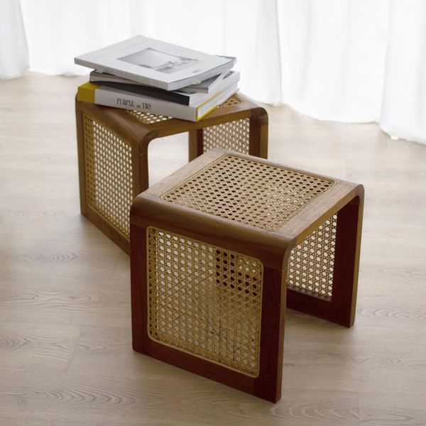 Modern minimalist solid wood and rattan stool for living room sofa, vintage-style portable small side table