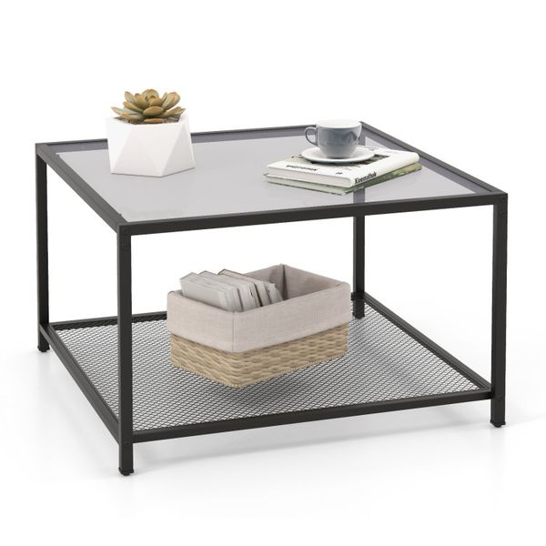 Modern two-level square glass coffee table featuring a mesh shelf