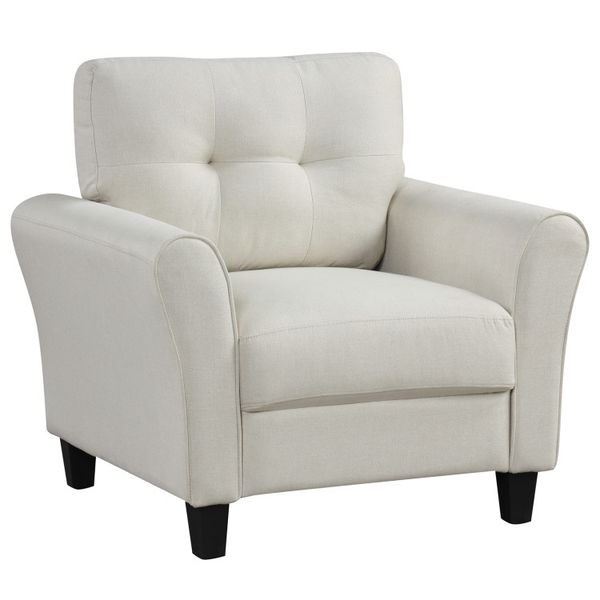 Modern upholstered accent chair featuring sturdy rubber wood legs