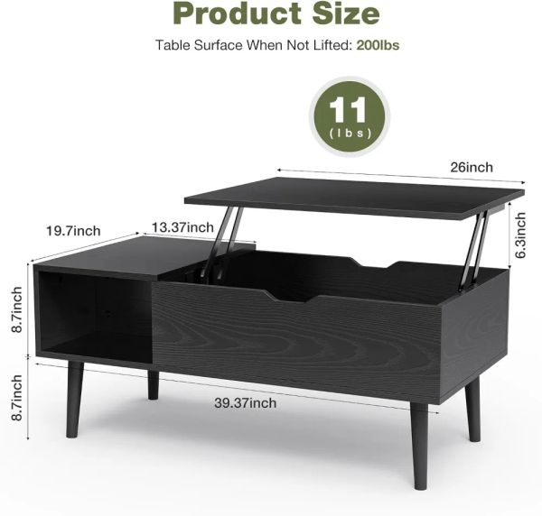 Modern wooden lift-top coffee table featuring storage shelf and hidden compartment, ideal for living room or office use