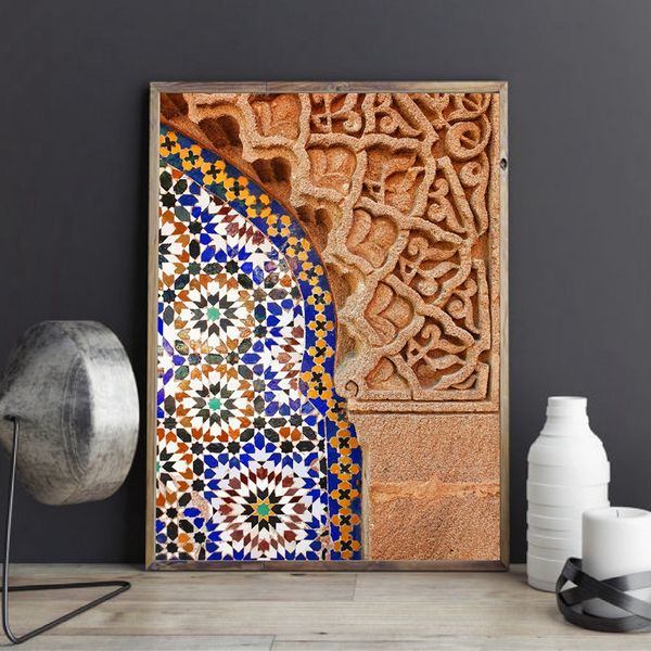 Moroccan-inspired canvas wall art featuring boho architecture and terracotta tones for home decor