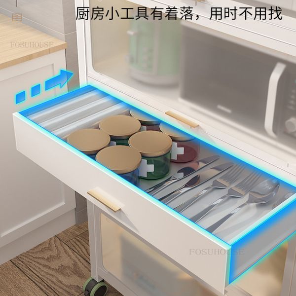 Multi-functional kitchen cabinet with doors, featuring multi-layer storage and floor racks, ideal for microwave ovens and kitchen organization
