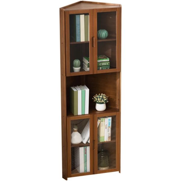 Multi-level corner bookcase with clear doors for living room storage and kids' items display