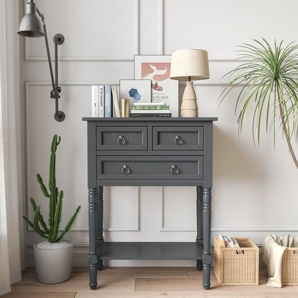 Narrow console table featuring 3 drawers and an open bottom shelf