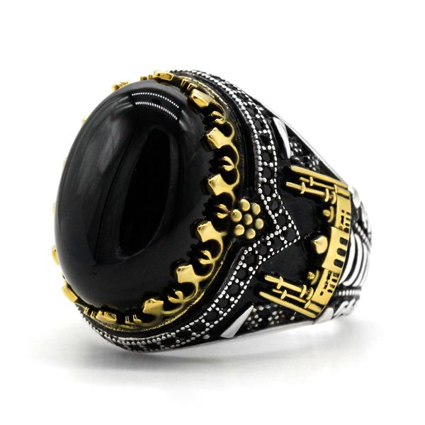 New Black Agate Stone Signet Ring in 925 Silver for Men - Vintage Constantinople Design, Perfect Wedding Gift for Luck