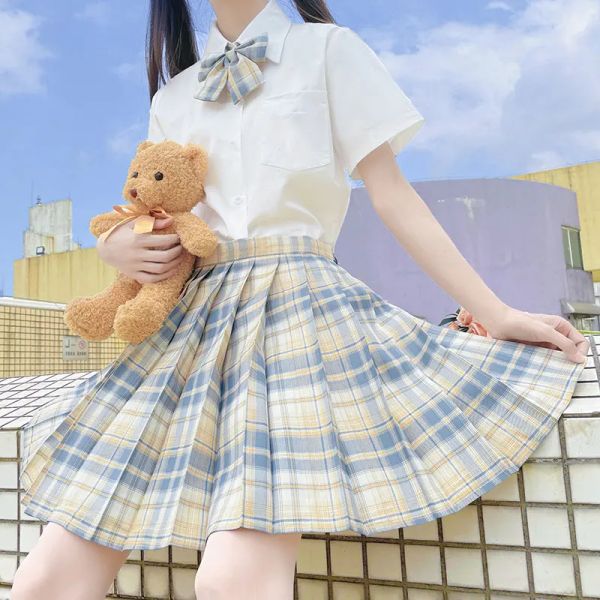 New Japanese-style school uniform set for Korean students featuring JK blouse, pleated skirt, and tie in pink plaid design