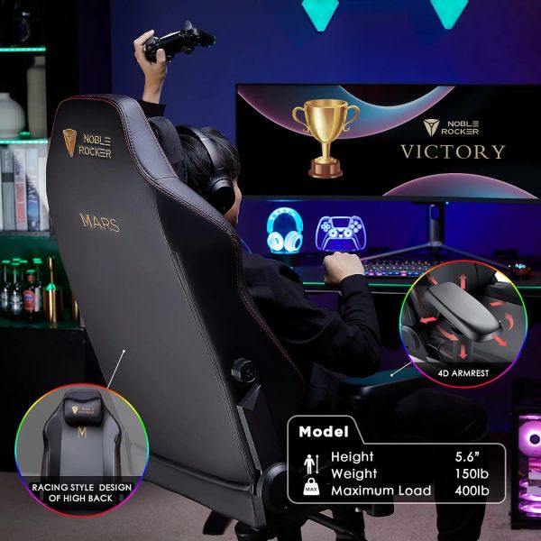 Noblerocker Gaming Chair with ergonomic design, lumbar support, headrest, and adjustable 4D armrests for comfortable PC gaming