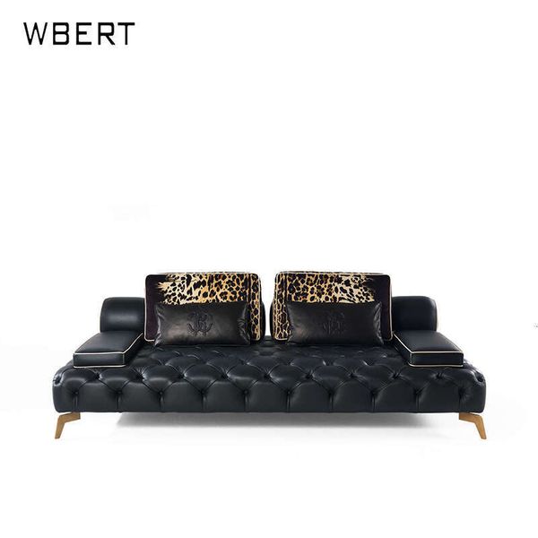 Nordic leather sofa set with pull buttons, Italian designer minimalist style for small living spaces