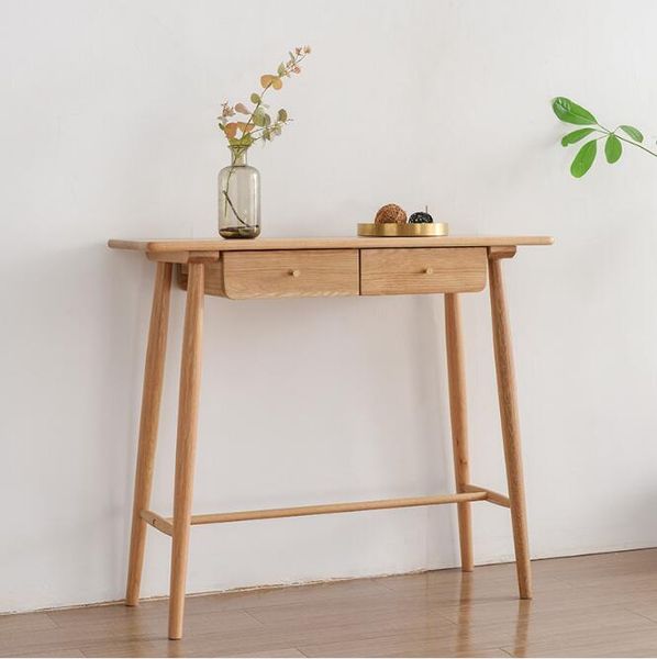 Nordic oak side table with wall decor strips for narrow spaces and hallway cabinets