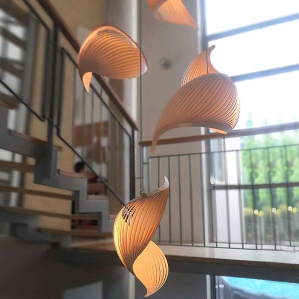 Nordic-style birch wood LED pendant and wall lamp, ideal for staircases, kitchens, restaurants, shops, and home decor lighting