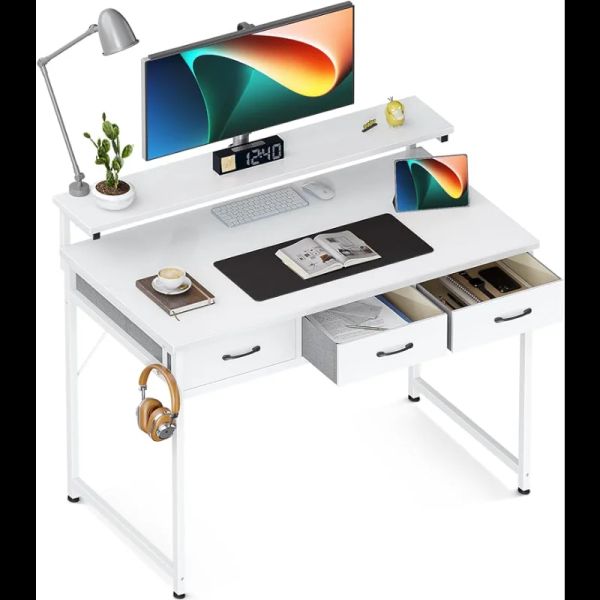 ODK 40-inch computer desk featuring 3 drawers and spacious shelves, ideal for home office or study with a monitor stand