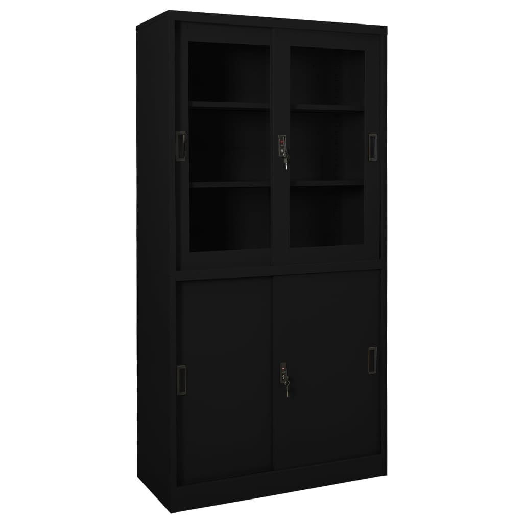 Office Cabinet Black Steel, tempered glass 35.4 x 15.7 x 70.9 in