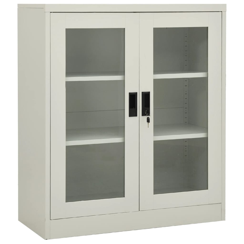 Office Cabinet Light Gray Steel, tempered glass 35.4x15.7x41.3 in